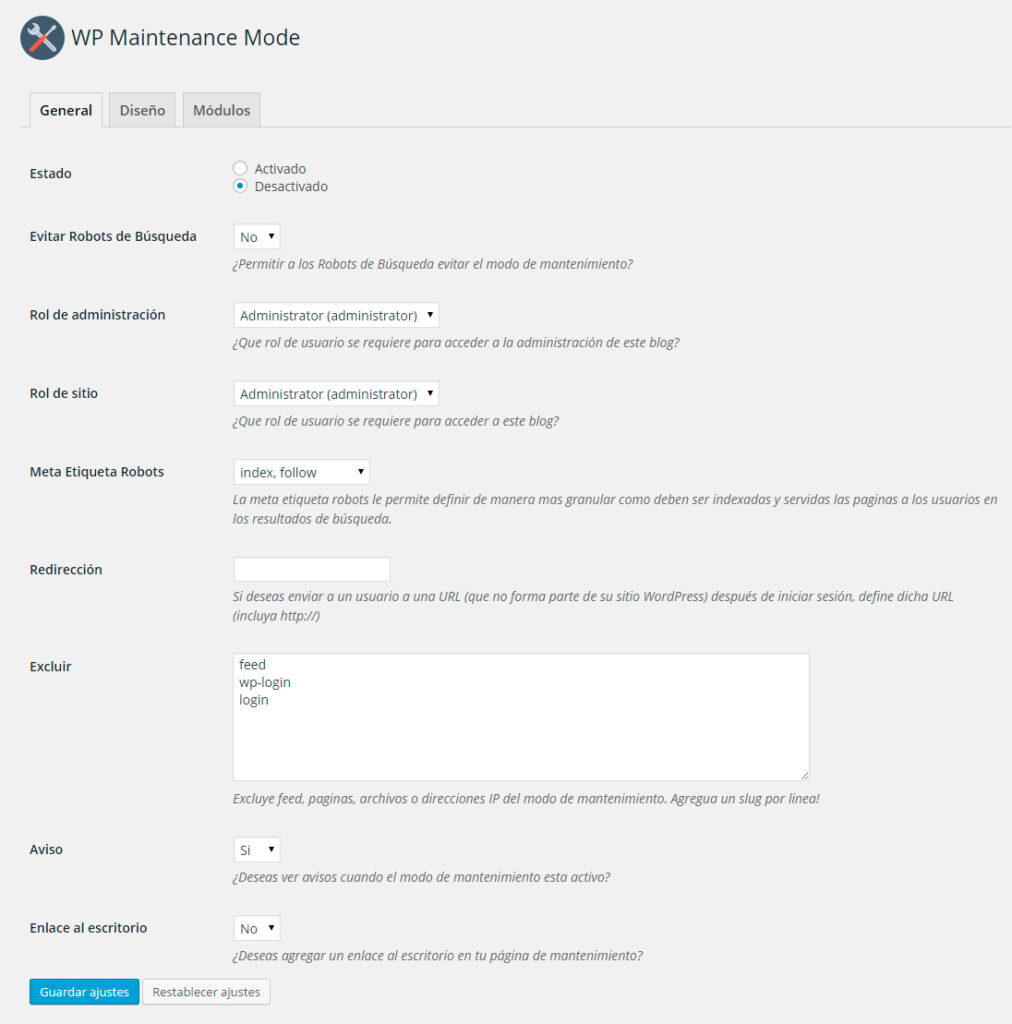 Modo Mantenimiento en WordPress - pestaña General